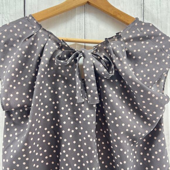 LC Lauren Conrad MEDIUM Gray Brown Polka Dot Pleated Bow Chiffon Top Blouse - Picture 4 of 9
